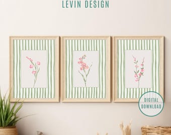 Green Striped Flower Prints Set of 3, Striped Floral Art Prints, Wildflowers Floral Art, Minimalist Modern Home Decor Boho Bouquet,Botanical