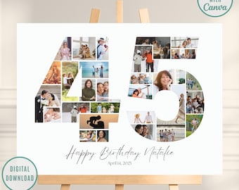 45th Birthday Editable Number Collage, Photo Collage Poster, 45th Picture Collage, 45th Birthday Gift, 45th Birthday Gifts, Canva Template