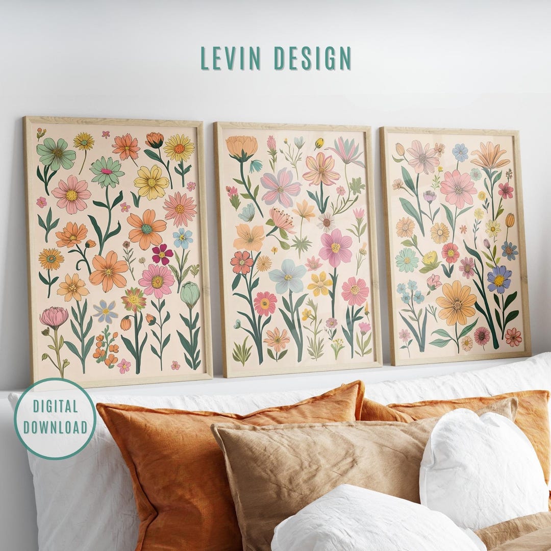 Colorful Boho Wildflower Print Set of 3, Printable Botanical Wall Art ...