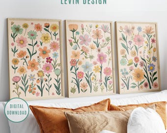 Colorful Boho Wildflower Print Set of 3, Printable Botanical Wall Art, Floral Nursery Wall Art, Wildflower Botanical Gallery, Flower WallArt