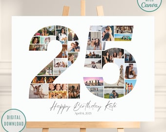 Collage de números editable para 25.º cumpleaños, póster de collage de fotos, collage de imágenes para 25.º cumpleaños, regalo para 25.º cumpleaños, regalos para 25.º cumpleaños, plantilla de Canva