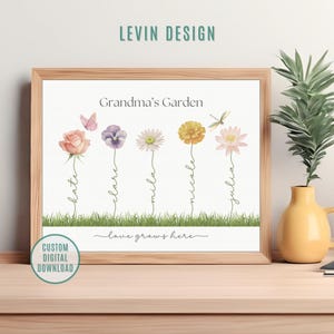 Impresión de flores de nacimiento del jardín de la abuela, regalo personalizado para la abuela, ramo de flores de nacimiento, arte digital con los nombres de los nietos, regalo para el Día de la Madre