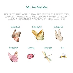 K&ouml;nnte beinhalten: Ein Satz von acht Aquarell-Illustrationen von Insekten, darunter Schmetterlinge, ein Marienk&auml;fer, eine Libelle und eine Biene. Die Illustrationen befinden sich auf einem wei&szlig;en Hintergrund mit dem Text "Add-Ins Available" oben.