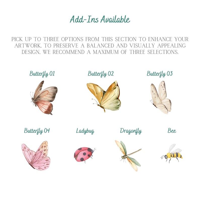 K&ouml;nnte beinhalten: Ein Satz von acht Aquarell-Illustrationen von Insekten, darunter Schmetterlinge, ein Marienk&auml;fer, eine Libelle und eine Biene. Die Illustrationen befinden sich auf einem wei&szlig;en Hintergrund mit dem Text "Add-Ins Available" oben.