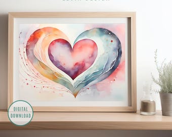 Abstract Watercolor Heart Art Print: Modern Valentine Decor (Digital Download)