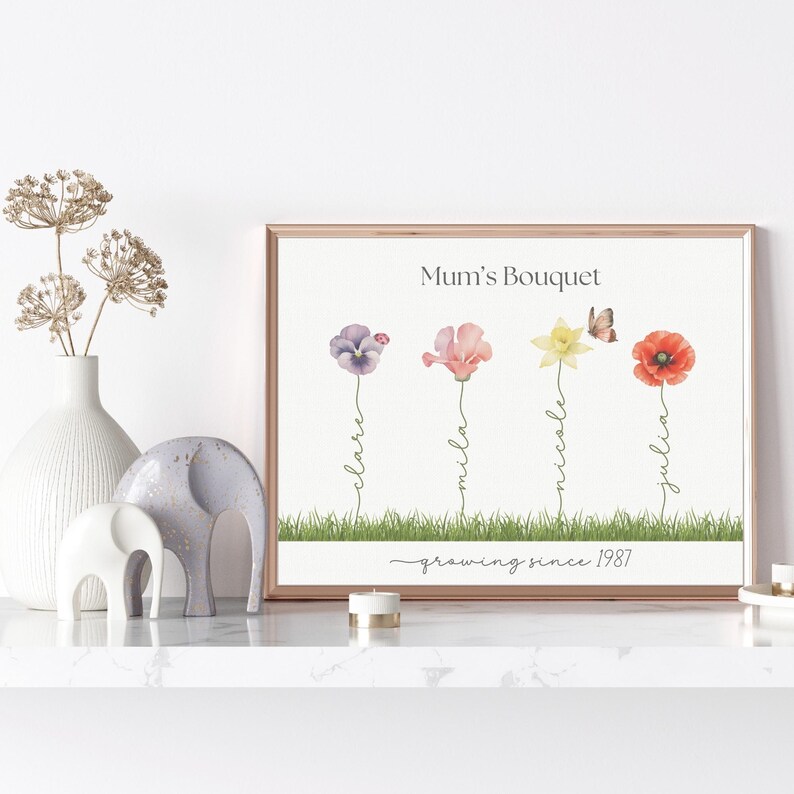 K&ouml;nnte beinhalten: Ein wei&szlig;er gerahmter Druck mit dem Text "Mum's Bouquet" und vier Aquarellblumen mit Namen, die in Kursivschrift unter jeder Blume geschrieben sind. Die Namen sind "Clara", "Mila", "Miracle" und "Julia". Der Text "growing since 1987" befindet sich unter den Blumen.