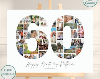 60th Birthday Editable Number Collage, Photo Collage Poster, 60th Picture Collage, 60th Birthday Gift, 60th Birthday Gifts, Canva Template