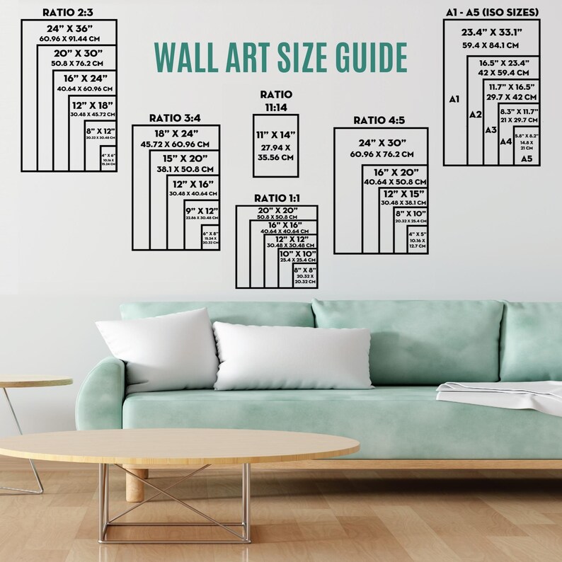 K&ouml;nnte beinhalten: Ein Wandkunst-Gr&ouml;&szlig;enleitfaden mit verschiedenen Verh&auml;ltnissen und Ma&szlig;en in Zoll und Zentimetern. Der Leitfaden enth&auml;lt Verh&auml;ltnisse wie 2:3, 3:4, 11:14, 1:1 und 4:5. Der Leitfaden enth&auml;lt auch Standardpapierformate wie A1, A2, A3, A4 und A5.