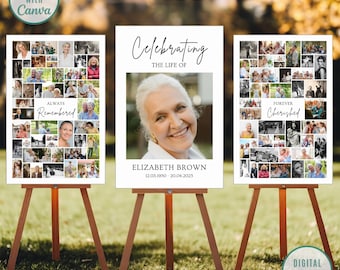 Funeral Photo Collage Schild: Feier des Lebens, Gedenkstätte Poster (Canva Template)