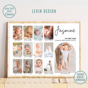 Puede incluir: Un collage de fotos enmarcado que presenta el primer año de un bebé, con fotos individuales para cada mes. El diseño incluye el nombre del bebé, la fecha de nacimiento y el peso. El texto "LEVIN DESIGN" y "Easy Edit with Canva" también son visibles.