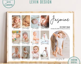 Milestone Birthday Sign, Printable Baby's First Year Poster Template, Baby 1st Birthday Milestone Board, 1st Birthday Photo Collage Sign