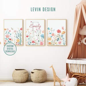 Aangepaste bloemen kinderkamerkunst: gepersonaliseerde naamafdruk, boho wilde bloemen (digitale download)