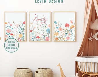 Custom Floral Nursery Art: Personalized Name Print, Boho Wildflowers (Digital Download)