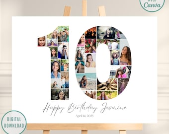 10e verjaardag fotocollageposter, bewerkbare nummer 10 fotocollage (canvasjabloon)