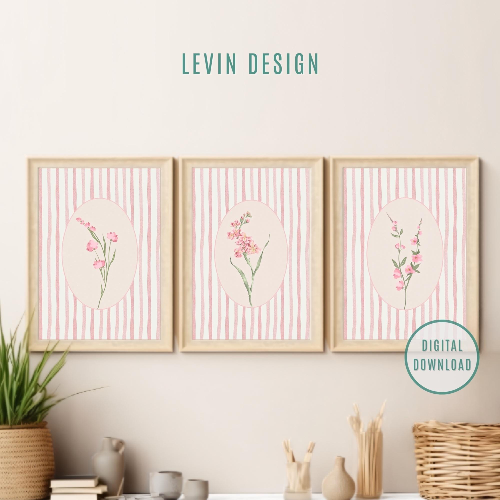 Pink Striped Floral Art Prints Set of 3, Cottagecore Botanical Prints, Girls Room Pastel Pink Grandmillennial Decor, Printable Flower Art