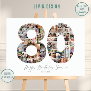 80th Birthday Editable Number Collage, Photo Collage Poster, 80th Picture Collage, 80th Birthday Gift, 80th Birthday Gifts, Canva Template