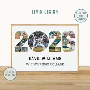 May include: A framed baseball collage with the year 2023 formed by images of baseball players. The name "David Williams" and "Willowridge Collage" are below the year. The words "Levin Design" and "Easy Edit with Canva" are at the top.