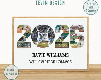 Personalized 2026 Baseball Photo Collage, Graduation Senior Gift (Canva Template)