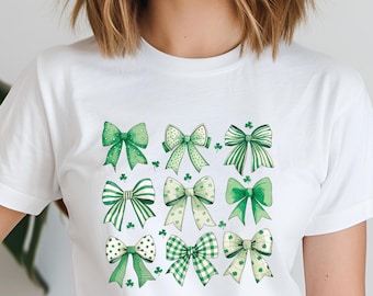 St. Patrick's Day Coquette Bow Shirt, Irish Shamrock Tee, Cute St. Patty's Day Women's Shirt, Lucky Clover Gift, Aesthetic Irish Bow Tee