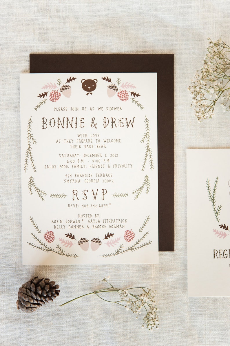 Woodland Baby Bear Baby Shower Invitation and Registry Card Baby Boy Unisex