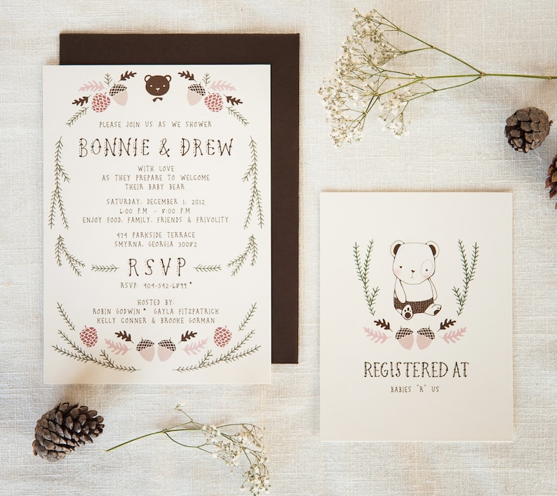 Woodland Baby Bear Baby Shower Invitation and Registry Card Baby Boy Unisex