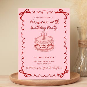 Plantilla de invitación para 25 cumpleaños con lazo, estilo coqueto, lazo rosa y rojo, regalo sencillo para niña, editable, descarga instantánea