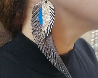 Leather earrings laser cut, Light earrings in the shape of angel wings, 3 layers with metallic colors, Boho design suitable for many looks