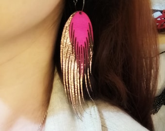 Fringed laser cut leather earrings, Light bangs in rose gold and fuchsia, fringed earrings with metallic shine, perfect boho spring look