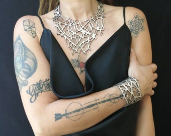 Gold Leather Bib Necklace - Abstract Twig Boho Choker, Adjustable V-Neck Jewelry with Glitter, Handmade Sustainable Gift