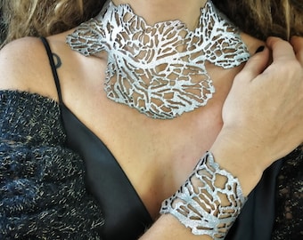 Silver Leather Choker - Coral-Inspired Boho Statement Necklace, Laser-Cut Bib, Adjustable Size with Metallic Glitter