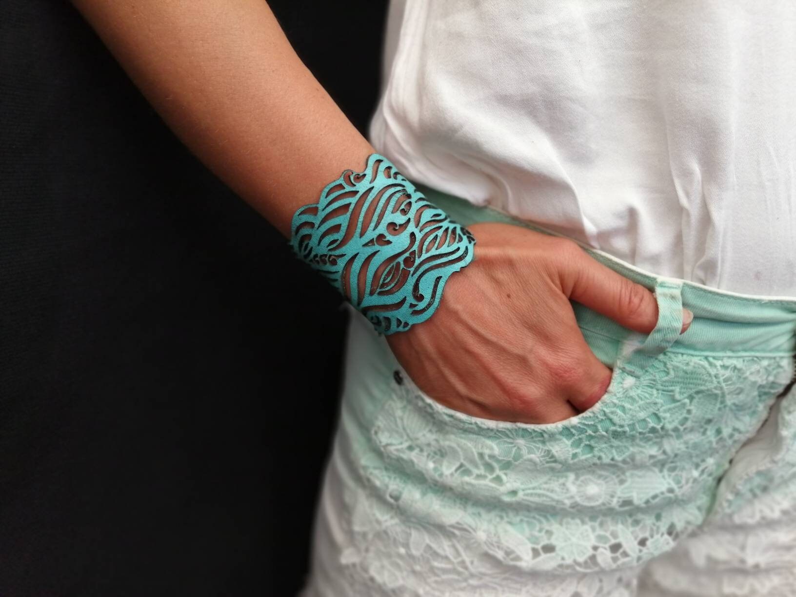 Turquoise Leather Cuff Bracelet, Boho Lace Bracelet, Wide