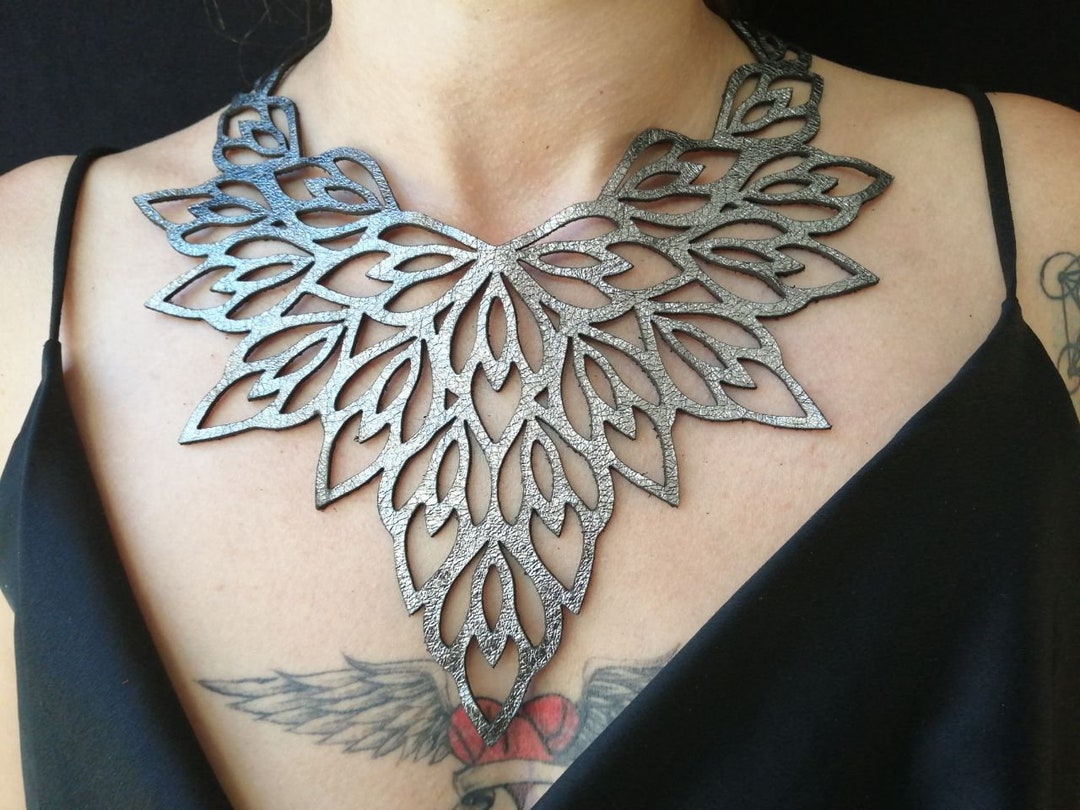 Laser Cut Leather Filigree Necklace Reversible Platinum Black V Necklace Mandala Fractal Boho Jewelry Etsy