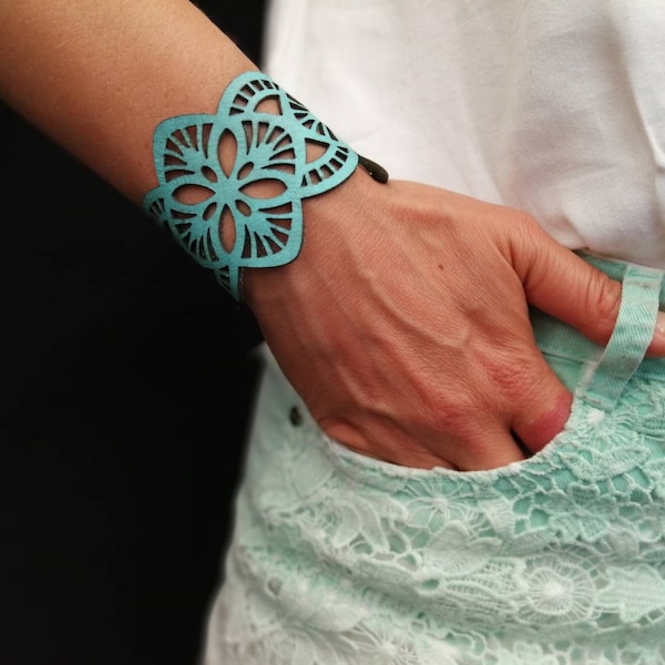 Turquoise leather wide cuff bracelet, Laser cut filigree mandala design bracelet, Sea-green leather jewelry for lady, Eco friendly design