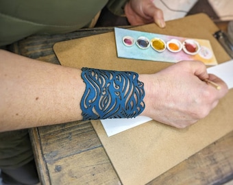 Ocean Blue Boho Beauty: Filigree Laser-Cut Leather Wristband, Genuine Bohemian Bracelet, Perfect Gift for Her