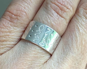 Personalized Ring, Keepsake Ring, Mothers Ring, Wedding Band, 10K Band Ring, Sterling Silver Ring, Unisex Ring, Dates Ring, stamped jewelry
