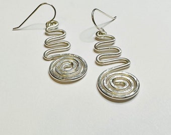 Swirl Earrings, Hammered Earrings, Silver dangle earrings, Sterling silver Jewelry, Boho, bohemian