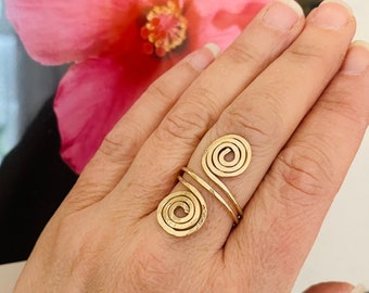 14K Double Swirl Wide Gold Filled Ring Hammered Spirals