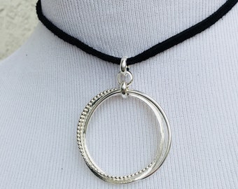 Eternity Necklace, Linked Circles,  Sterling Silver, Long Black Suede Corded Choker