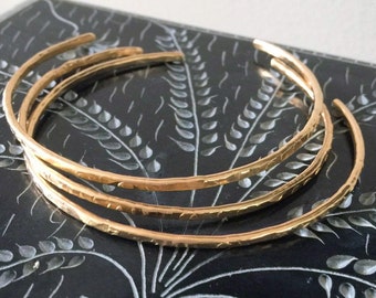 14k Gold Hammered Skinny Cuff Bracelet Stackable Bangle Set of 3