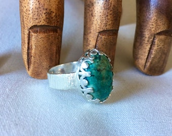 African Turquoise Ring, Statement Ring, Rustic Sterling Silver, OOAK Sz 9