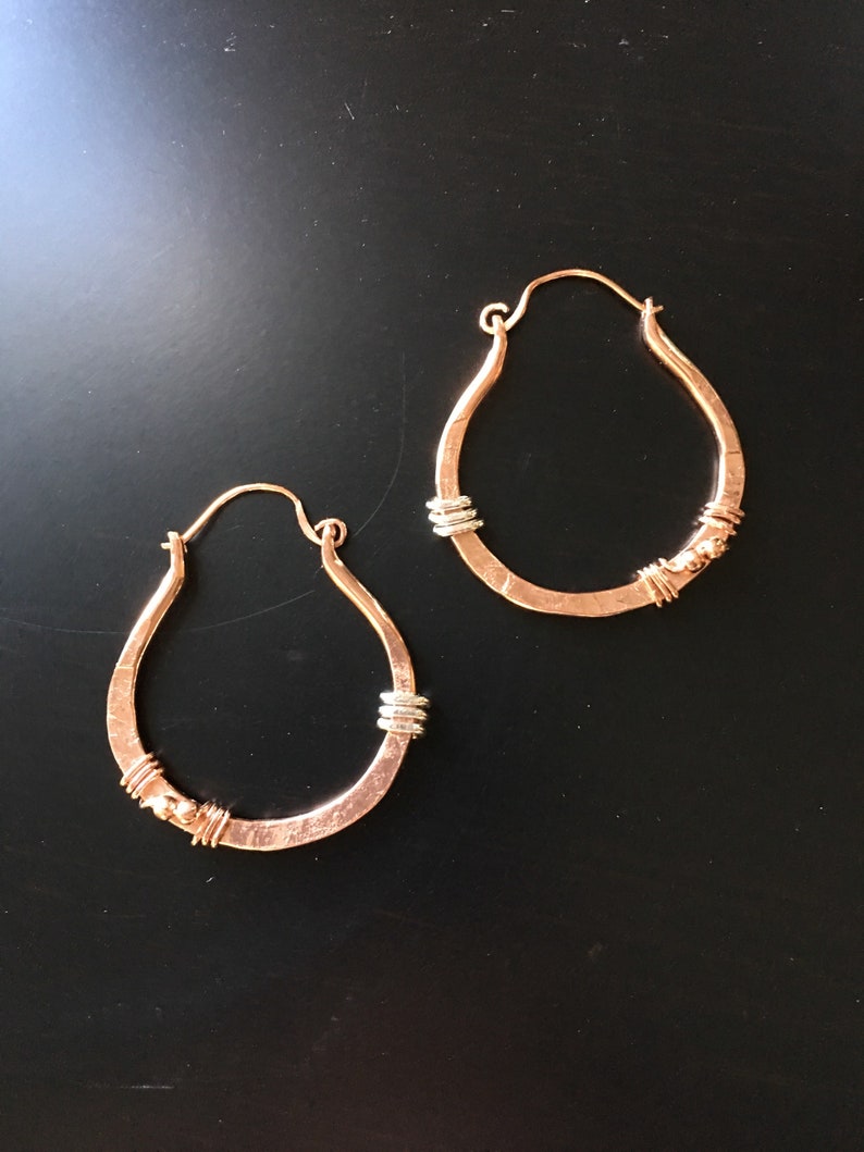 Copper Hoop Earrings Sterling Silver Beaded Hammered Hoops Etsy