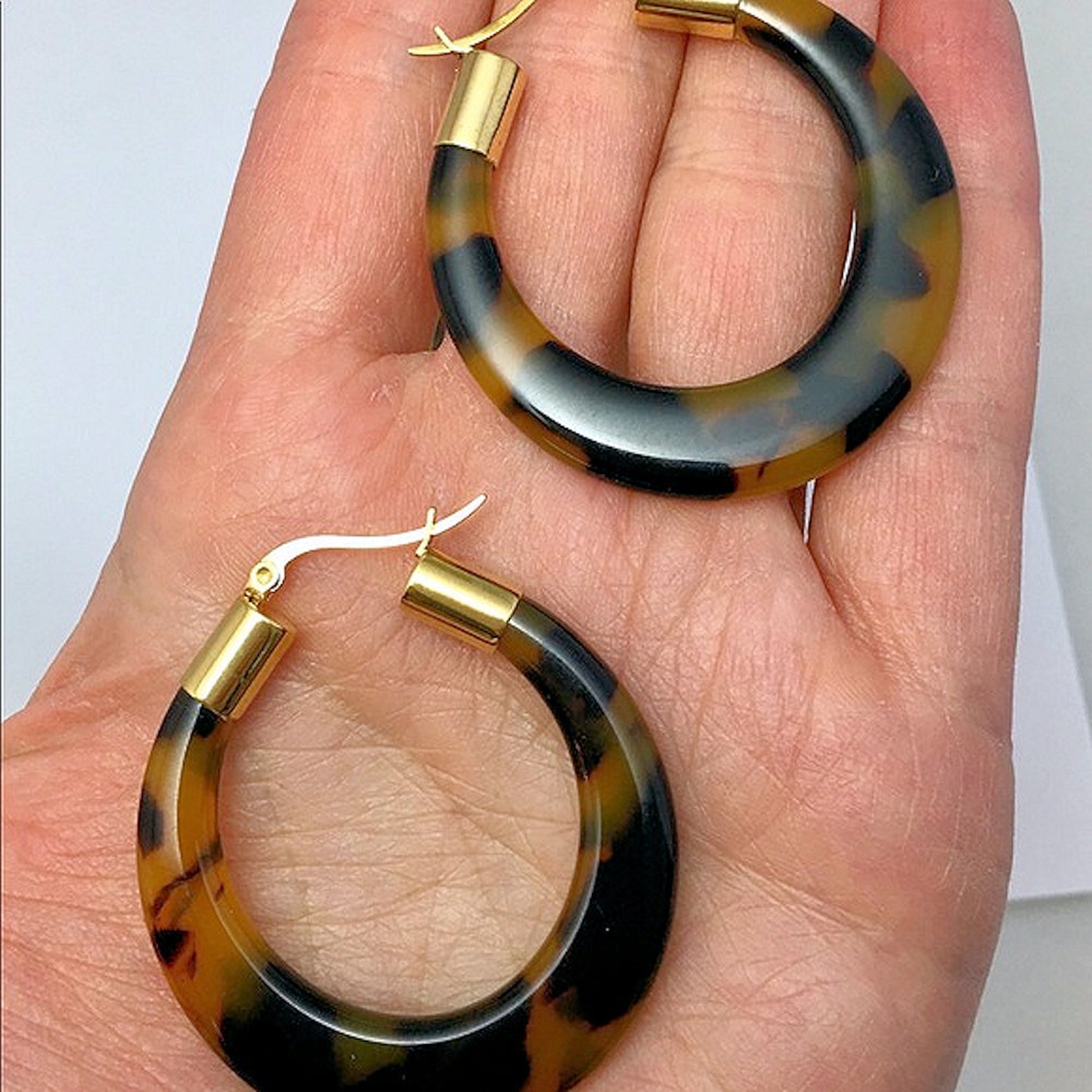 Tortoise Shell Hoop Earrings Snap Bar Closure Gold Tone Etsy