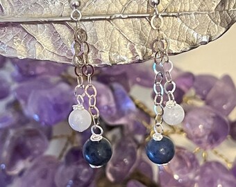 Blue Lapis Rainbow Moonstone Long Dangle Earrings Sterling Silver