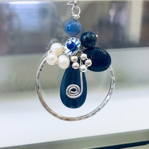 Freshwater Pearl Kyanite Lapis Blue Chalcedony Sterling Silver Circle Pendant Necklace