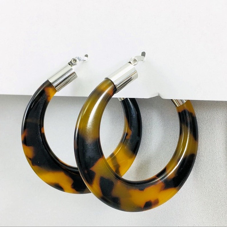 Tortoise Shell Hoop Earrings Snap Bar Closure Gold Tone Etsy