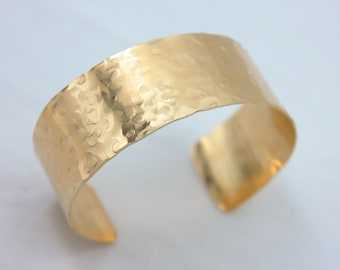 14K Gold Filled Wide Cuff Hammered Bracelet Rustic Bangle Gift for Wife Mothers Day Jewelry