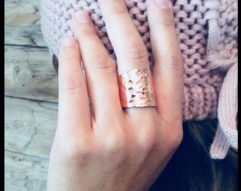 Hammered 14k Rose Gold Filled Cuff Ring, Cigar Band Ring, Boho Jewelry, Rustic, Wide Band Ring