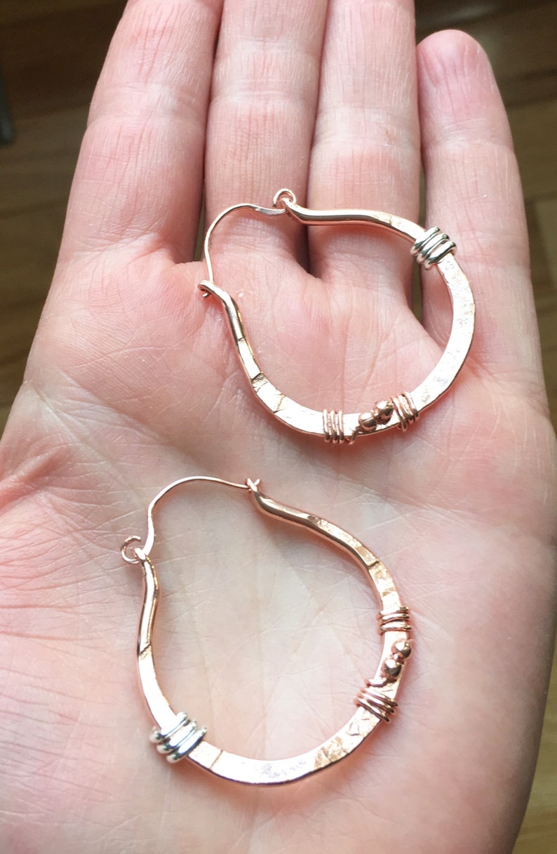 Copper Hoop Earrings Sterling Silver Beaded Hammered Hoops Etsy