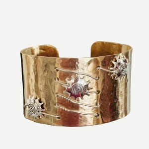 Chunky Gold Filled Cuff Bracelet Boho Bohemian Sterling Silver Sunburst Bangle