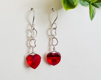 Red Swarovski Crystal Heart Dangle Earrings  Sterling Silver